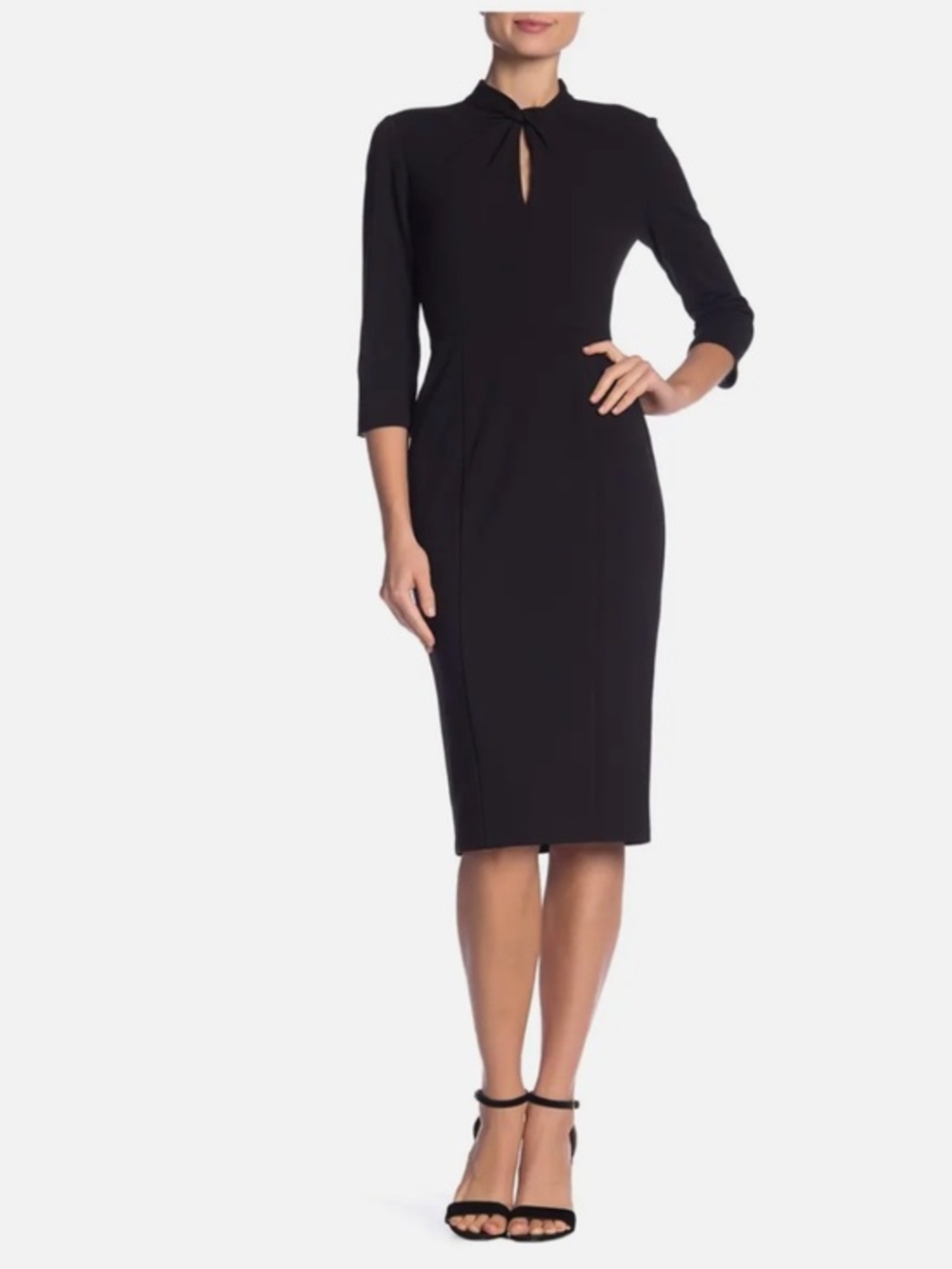 Donna Morgan Navy Blue Crepe 3/4 Sleeve Knot Neck Sheath Dress 4 New